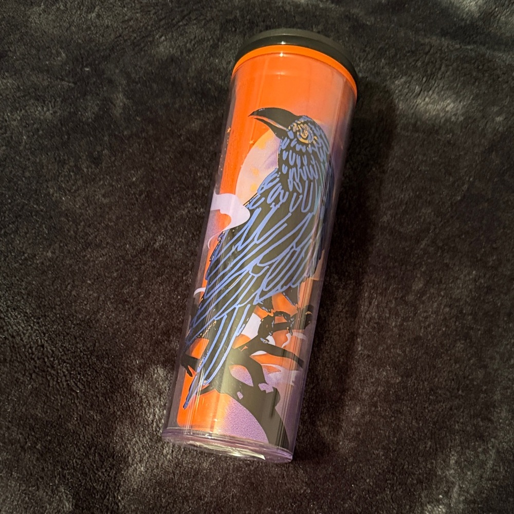 Starbucks Vibrant Orange Tumbler with Artistic Tree and Raven Design NWT